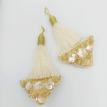Off White Tassels In Gold and White Bead and Sequins, Indian Latkans, Blouse Latkan